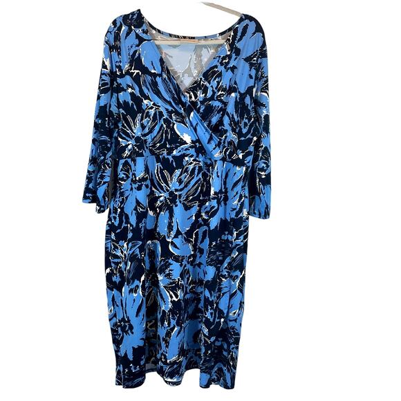 AVENUE, PLUS 18/20, BLACK/BLUE, FAUX WRAP TOP DRESS - Picture 1 of 9